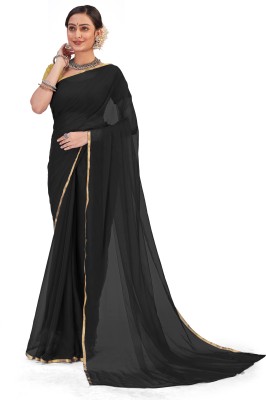 V And V Shop Solid/Plain Daily Wear Jacquard, Chiffon Saree(Black)