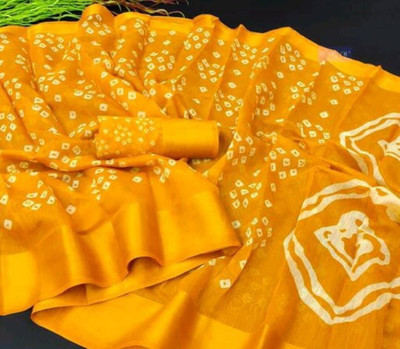 Grubstaker Printed Daily Wear Cotton Linen Saree(Yellow)