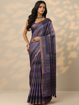LIBAS Printed Daily Wear Silk Blend Saree(Purple)