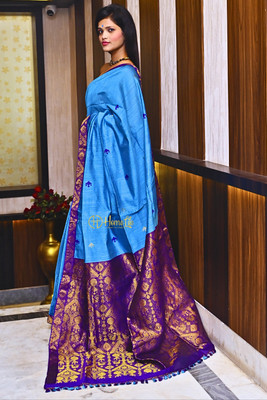 Homelife Woven Handloom Cotton Silk Saree(Blue)