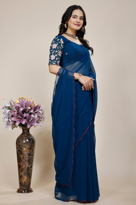 KONICA FAB Self Design, Solid/Plain, Embroidered Bollywood Georgette Saree(Dark Blue)