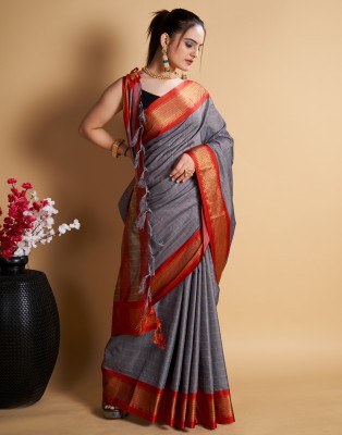 Samah Woven, Embellished, Self Design Banarasi Cotton Silk, Art Silk Saree(Grey, Red, Gold)