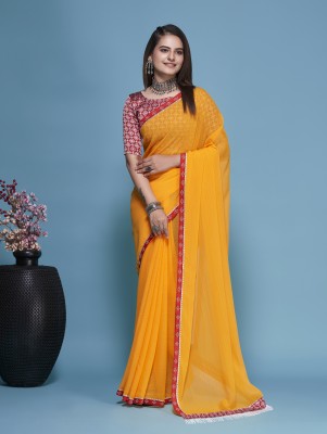 HETU SYNTHETICS Embellished Bollywood Chiffon Saree(Yellow)