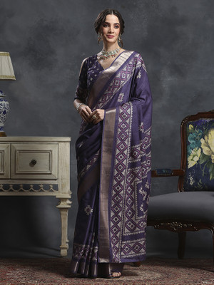 Sareemall Printed Madurai Silk Blend Saree(Purple)