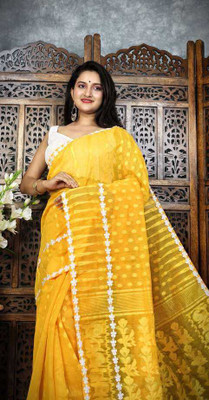 pal saree mahal Woven Jamdani Cotton Blend Saree(Yellow)