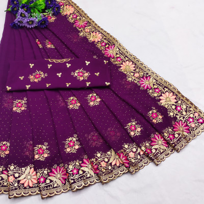 MIYANIFAB Embroidered Bollywood Georgette Saree(Purple)