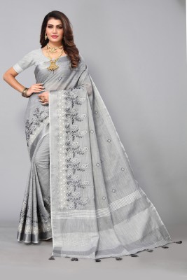 ALAGINI Woven Lucknow Chikankari Cotton Linen, Pure Cotton Saree(Grey)