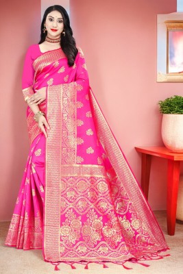 ALMEDA Woven Kanjivaram Silk Blend, Jacquard Saree(Pink)