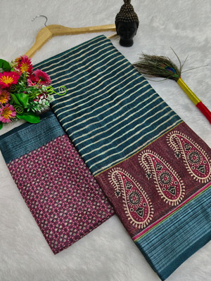 PRTRENDZ Printed Bollywood Pure Cotton, Cotton Linen Saree(Blue, Maroon)