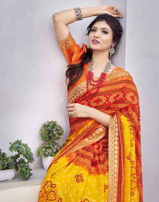 YASHIKA Printed Bollywood Georgette, Lace Saree(Orange)