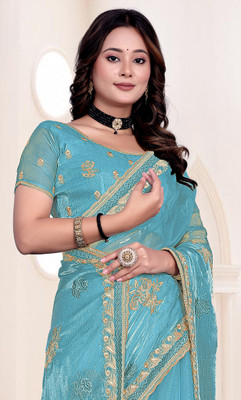 TANNU FAB Embroidered Bollywood Jimmy choo Saree(Light Blue)