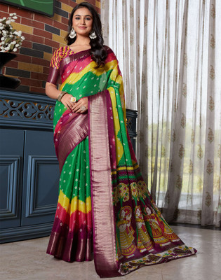 Samah Printed, Digital Print Bandhani Silk Blend Saree(Green)