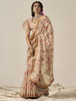 Sareemall Printed Bollywood Cotton Blend Saree(Cream)