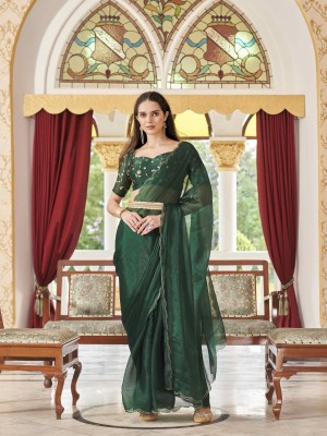 Tikhi Imli Solid/Plain Bollywood Satin Saree(Green)