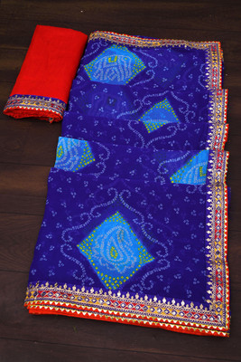 ASTEYAM Printed Bandhani Georgette Saree(Blue)