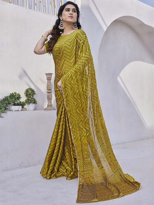 ANOUK Printed Saree with Attached Blouse Chiffon Saree(Mustard)