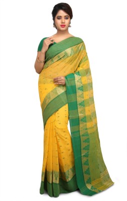 sourav biswas Temple Border Handloom Pure Cotton Saree(Yellow)