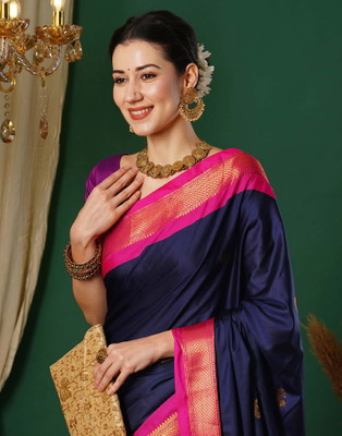 yourwish Woven, Checkered Banarasi Cotton Silk Saree(Dark Blue)