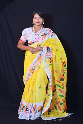 Ahana Textile Printed Handloom Cotton Blend Saree(Yellow)