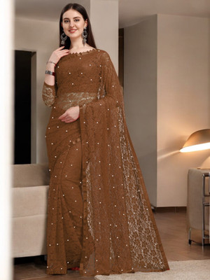 Nexaafashion Striped Bollywood Net Saree(Brown)