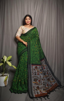 SARATHITEXTILE Hand Painted Handloom Cotton Blend Saree(Green)