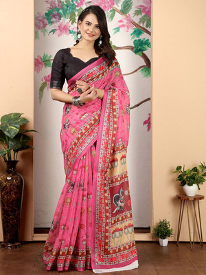 ANOUK Printed Saree with Attached Blouse Linen Saree(Pink, Black)