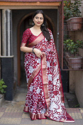 Divastri Printed Kalamkari Silk Blend Saree(Red)