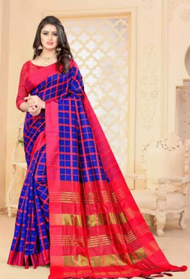 Soor Panchi Woven Daily Wear Cotton Blend Saree(Blue, Red)