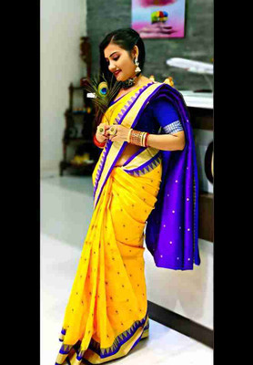 AYEZAL Embroidered Sambalpuri Handloom Art Silk Saree(Yellow, Blue)