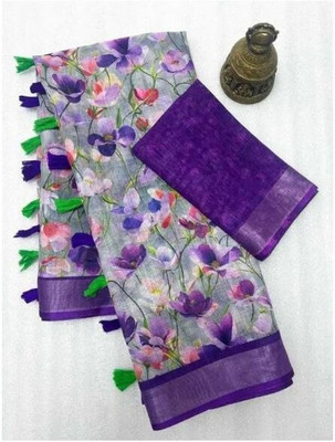 POOJA DIGI TEX Floral Print, Printed Daily Wear Cotton Linen Saree(Purple)
