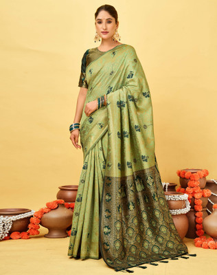 SIRIL Printed Banarasi Silk Blend Saree(Green)