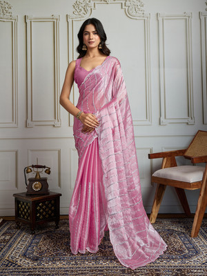 House of Pataudi Embroidered Saree with Attached Blouse Art Silk Saree(Pink)
