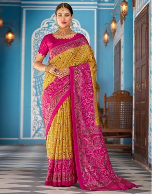 Satrani Printed, Embellished Patola Art Silk Saree(Yellow, Pink, Multicolor)
