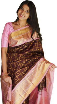 KM CREATION Self Design Banarasi Art Silk Saree(Brown)
