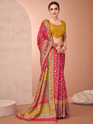 Sangria Printed Patola Viscose Rayon Saree(Red)