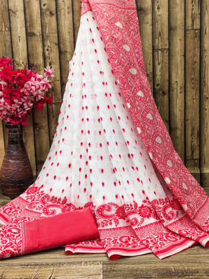 Manasvi Enterprise Woven Jamdani Pure Cotton Saree(White, Red)