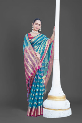 Aarunika BS Solid/Plain Bollywood Organza Saree(Blue)