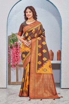 PRAUDO Self Design Banarasi Pure Silk Saree(Brown, Mustard)