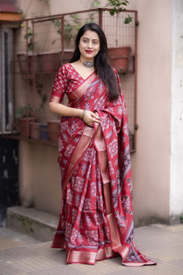 LeeliPeeri Designer Printed Banarasi Cotton Silk Saree(Red)