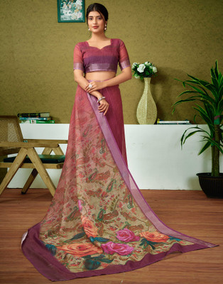 Samah Printed Bollywood Linen Saree(Green, Brown)