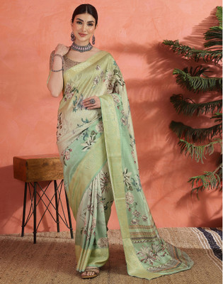 Satrani Floral Print Bollywood Silk Blend Saree(Green)