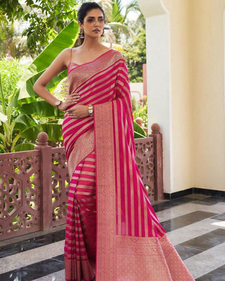 hitesh pahuja Striped, Woven Kanjivaram Silk Blend Saree(Pink)