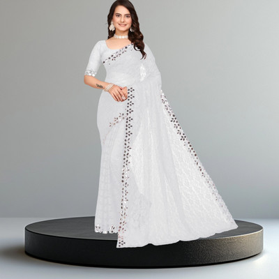 MAA CREATION Embroidered Bollywood Net Saree(White)