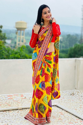 zili Printed Bandhani Georgette Saree(Yellow)