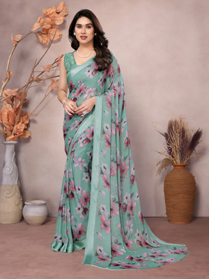 Vedant Vastram Floral Print Bollywood Chiffon Saree(Light Green)