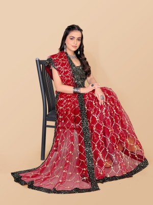 JAY KHODIYAR EMBROIDERY Embroidered Bollywood Net Saree(Red)