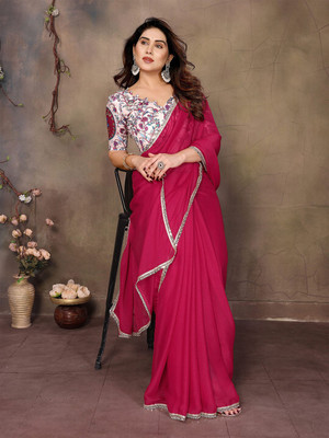 ANOUK Solid/Plain Saree with Attached Blouse Georgette Saree(Pink)