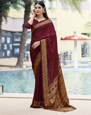 SIRIL Printed Mysore Crepe Saree(Maroon, Multicolor)