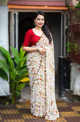 Dhanlaxmi CreationLLP Printed, Temple Border Kalamkari Georgette Saree(White)
