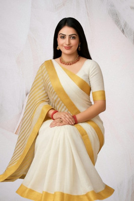 SHRISAREEESa Striped Bollywood Pure Cotton Saree(White)